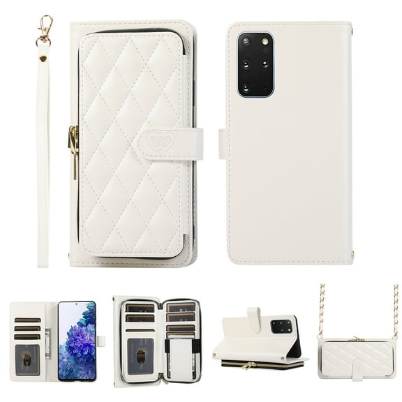 Crossbody Wallet Case for Samsung Galaxy S20 Plus Chain Lanyard & Wrist Hand Strap Case with Card Slots Zipper Pocket Kickstand, Premium PU Leather Magnetic Clasp Shockproof Flip Cover, White