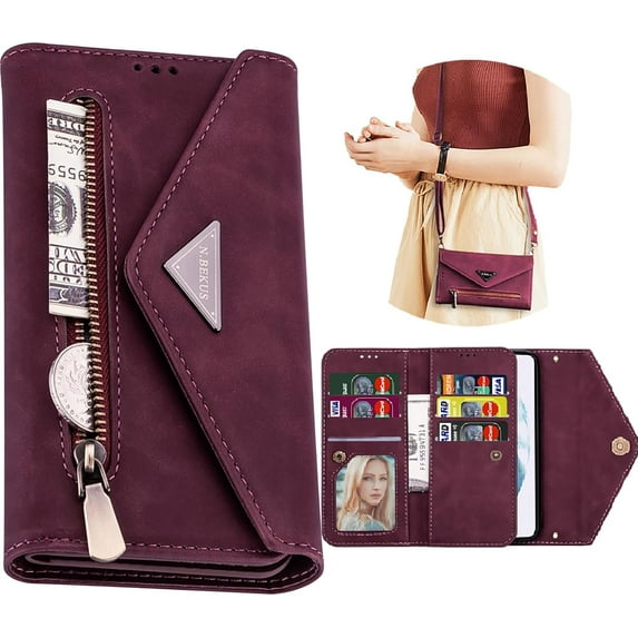 Crossbody Wallet Case for Samsung Galaxy S20 Ultra 5G for Women, Zipper Purse Handbag Neck Strap Lanyard Cover with 9 Card Holder Case for Samsung Galaxy S20 Ultra 5G XK Wine