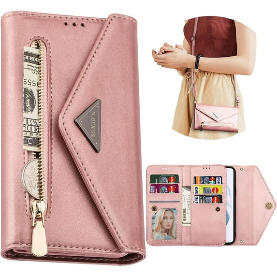 Crossbody Wallet Case for Samsung Galaxy S20 Ultra 5G for Women, Zipper Purse Handbag Neck Strap Lanyard Cover with 9 Card Holder Case for Samsung Galaxy S20 Ultra 5G XK Rose Gold