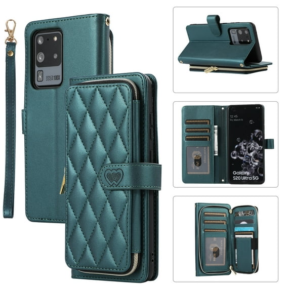 Crossbody Wallet Case for Samsung Galaxy S20 Ultra Chain Lanyard & Wrist Hand Strap Case with Card Slots Zipper Pocket Kickstand, Premium PU Leather Magnetic Clasp Shockproof Flip Cover, Darkgreen