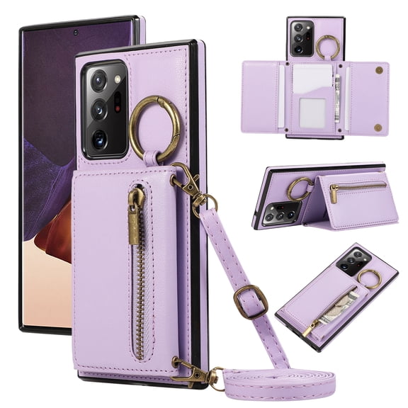 Crossbody Wallet Case for Samsung Galaxy S20 Ultra with Lanyard Strap Card Slot Holder RFID Blocking 360° Ring Kickstand,Magnetic Flip Folio Zipper Purse Case, PU Leather Cover Handbag,Purple
