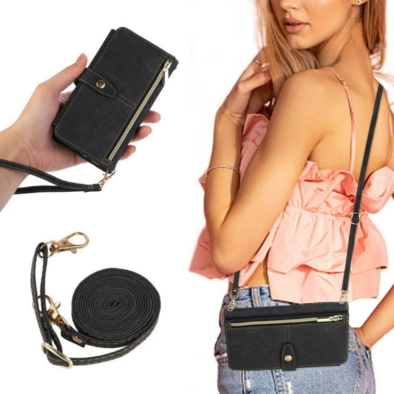 Crossbody Wallet Case for Samsung Galaxy S21 5G, 9 Card Slots Adjustable Crossbody Zipper Cover Detachable Lanyard Strap Flip Case with Hand Strap Kickstand Case - Black