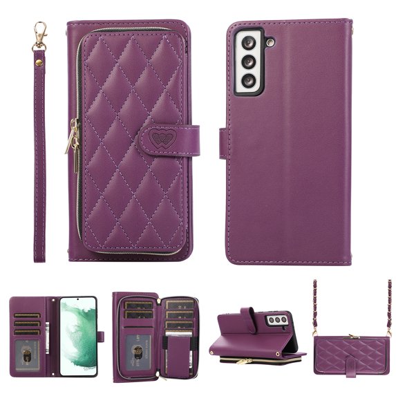Crossbody Wallet Case for Samsung Galaxy S21 Chain Lanyard & Wrist Hand Strap Case with Card Slots Zipper Pocket Kickstand, Premium PU Leather Magnetic Clasp Shockproof Flip Cover, Darkpurple