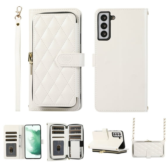 Crossbody Wallet Case for Samsung Galaxy S21 Chain Lanyard & Wrist Hand Strap Case with Card Slots Zipper Pocket Kickstand, Premium PU Leather Magnetic Clasp Shockproof Flip Cover, White