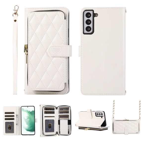Crossbody Wallet Case for Samsung Galaxy S21 FE Chain Lanyard & Wrist Hand Strap Case with Card Slots Zipper Pocket Kickstand, Premium PU Leather Magnetic Clasp Shockproof Flip Cover, White