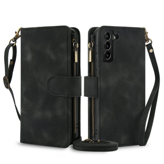 Crossbody Wallet Case for Samsung Galaxy S21 FE, Premium PU Leather Phone Case with RFID Blocking Card Holder Zipper, Wrist Strap & Lanyard, Stand Purse Cover for Samsung Galaxy S21 FE, Black