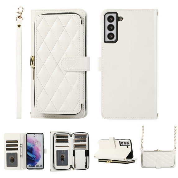 Crossbody Wallet Case for Samsung Galaxy S21 Plus Chain Lanyard & Wrist Hand Strap Case with Card Slots Zipper Pocket Kickstand, Premium PU Leather Magnetic Clasp Shockproof Flip Cover, White