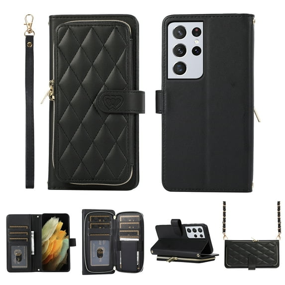 Crossbody Wallet Case for Samsung Galaxy S21 Ultra Chain Lanyard & Wrist Hand Strap Case with Card Slots Zipper Pocket Kickstand, Premium PU Leather Magnetic Clasp Shockproof Flip Cover, Black
