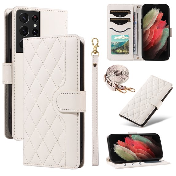 Crossbody Wallet Case for Samsung Galaxy S21 Ultra, Credit Card Slots Elegant PU Leather Magnetic Closure Shoulder Strap Purse Phone Case Flip Stand Full Protection Cover for Women Girls, White
