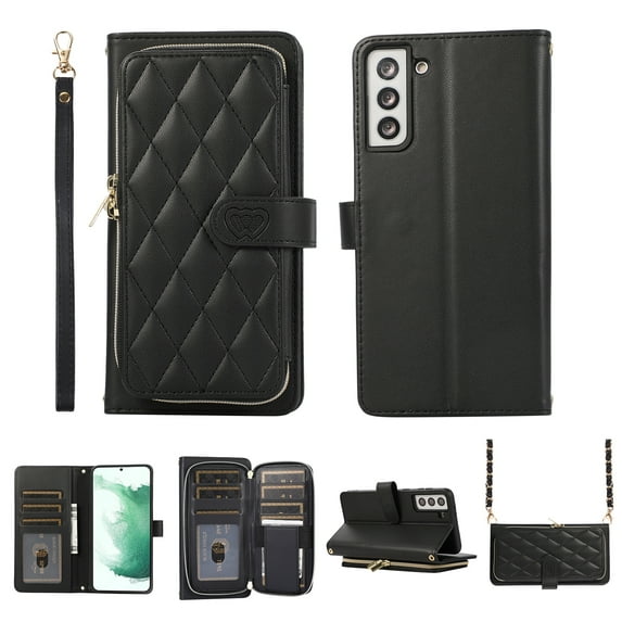 Crossbody Wallet Case for Samsung Galaxy S22 Chain Strap & Wrist Hand Strap Case with Card Slots Zipper Pocket Kickstand, Premium PU Leather Magnetic Clasp Shockproof Flip Cover, Black