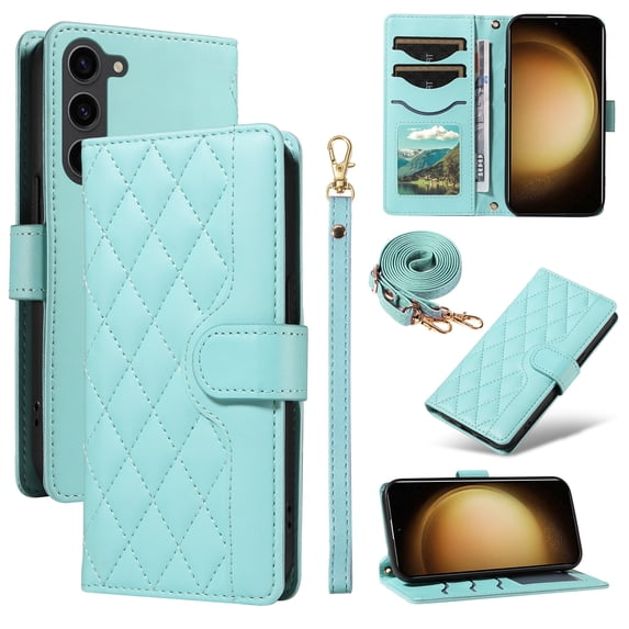 Crossbody Wallet Case for Samsung Galaxy S22, Credit Card Slots Elegant PU Leather Magnetic Closure Shoulder Strap Purse Phone Case Flip Kickstand Full Body Protection Cover for Women Girls, Green