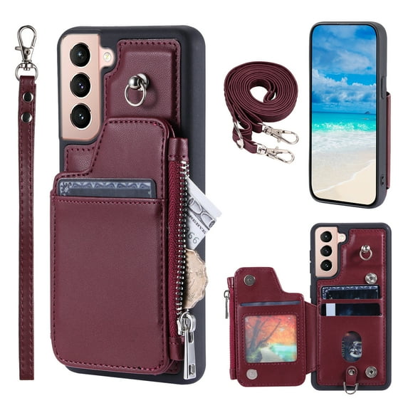 Crossbody Wallet Case for Samsung Galaxy S22 Plus with Card Slot Holder, Magnetic Flip Folio Purse Case, PU Leather Zipper Handbag with Detachable Lanyard Strap & Shoulder Strap, Winered