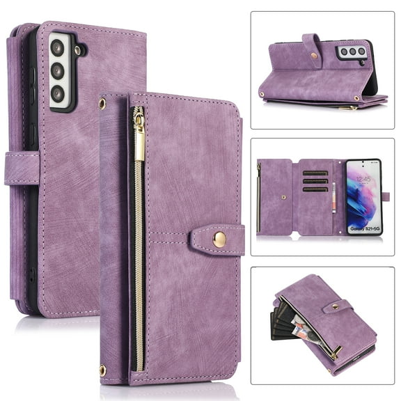 Crossbody Wallet Case for Samsung Galaxy S22 Plus with RFID Blocking Card Slot Holder, Magnetic Flip Folio Purse Case, PU Leather Zipper Handbag with Detachable Lanyard Strap Phone Case,Purple