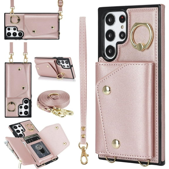Crossbody Wallet Case for Samsung Galaxy S22 Ultra 5G, Card Slot Phone Case with Zipper Pocket Kickstand Purse Hand Strap Cover with Removable Crossbody Wrist Strap Flip Case - Rose Gold