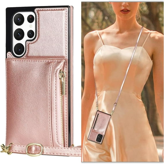 Crossbody Wallet Case for Samsung Galaxy S22 Ultra 5G, PU Leather Zipper Wallet Case with Card Slots with Removable Crossbody Wrist Strap Kickstand Magnetic Flip Case Cover - Rose Gold