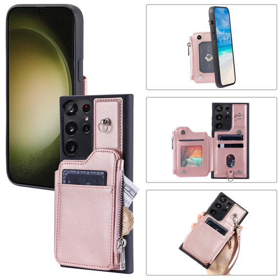 Crossbody Wallet Case for Samsung Galaxy S22 Ultra with Card Slot Holder, Magnetic Flip Folio Purse Case, PU Leather Zipper Handbag with Detachable Lanyard Strap & Shoulder Strap, Rosegold