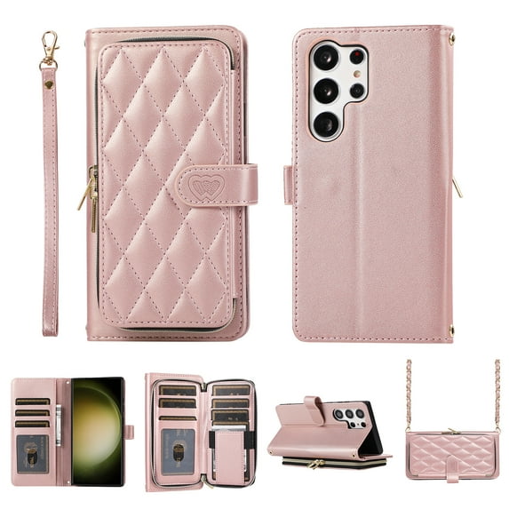 Crossbody Wallet Case for Samsung Galaxy S22 Ultra Chain Strap & Wrist Hand Strap Case with Card Slots Zipper Pocket Kickstand, Premium PU Leather Magnetic Clasp Shockproof Flip Cover, Rosegold
