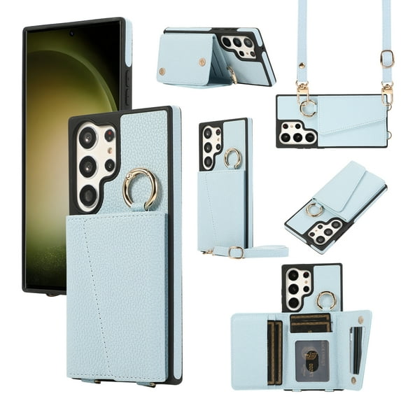 Crossbody Wallet Case for Samsung Galaxy S22 Ultra with Lens Protective Film, Folio PU Leather Case with Card Holder, Shockproof Protection Ring Buckle Phone Case for Samsung Galaxy S22 Ultra, Blue