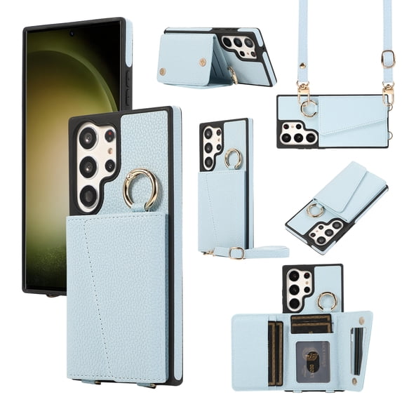 Crossbody Wallet Case for Samsung Galaxy S22 Ultra with Lens Protective Film, Folio PU Leather Case with Card Holder, Shockproof Protection Ring Buckle Phone Case for Samsung Galaxy S22 Ultra, Blue