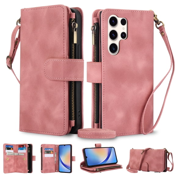 Crossbody Wallet Case for Samsung Galaxy S22 Ultra, Premium PU Leather Phone Case with RFID Blocking Card Holder Zipper, Wrist Strap & Lanyard, Stand Purse Cover for Samsung Galaxy S22 Ultra, Rosegold