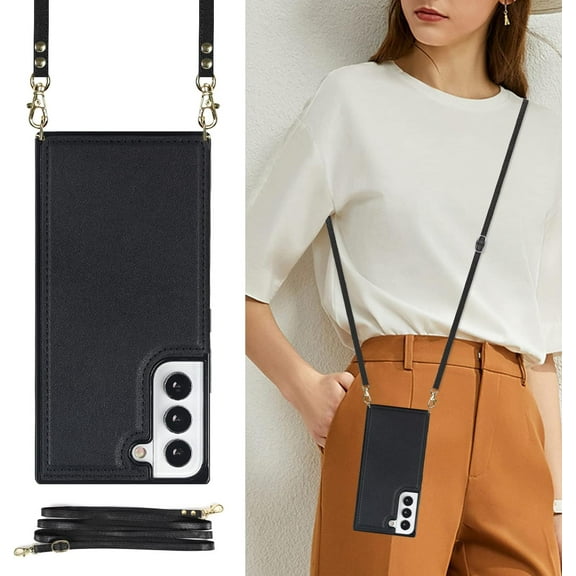 Crossbody Wallet Case for Samsung Galaxy S23 5G, Kickstand with Adjustable Removable Lanyard Neck Strap Case Card Holder Case Shockproof Cover Magnetic Clasp Cover Flip Case -Black