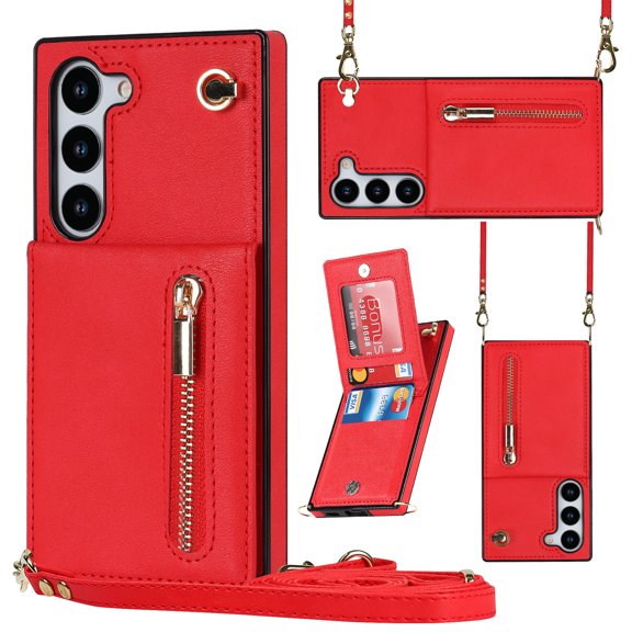 Crossbody Wallet Case for Samsung Galaxy S23 with Card Holders RFID Shockproof Cover, Back Magnetic Flip Kickstand Zipper Slot Case, PU Leather Cover Handbag Shoulder Strap Phone Case,Red