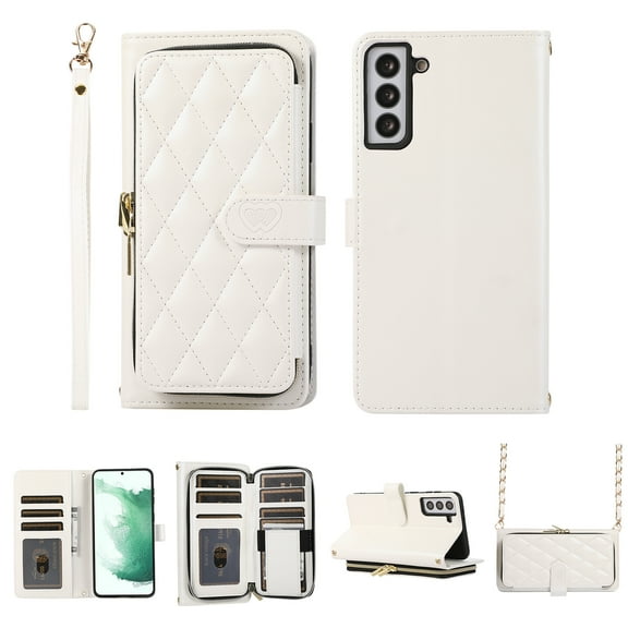 Crossbody Wallet Case for Samsung Galaxy S23 Chain Lanyard & Wrist Hand Strap Case with Card Slots Zipper Pocket Kickstand, Premium PU Leather Magnetic Clasp Shockproof Flip Cover, White