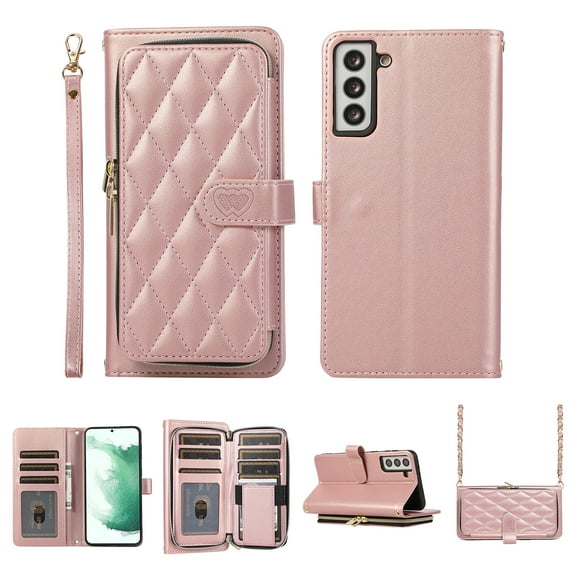 Crossbody Wallet Case for Samsung Galaxy S23 Chain Lanyard & Wrist Hand Strap Case with Card Slots Zipper Pocket Kickstand, Premium PU Leather Magnetic Clasp Shockproof Flip Cover, Rosegold