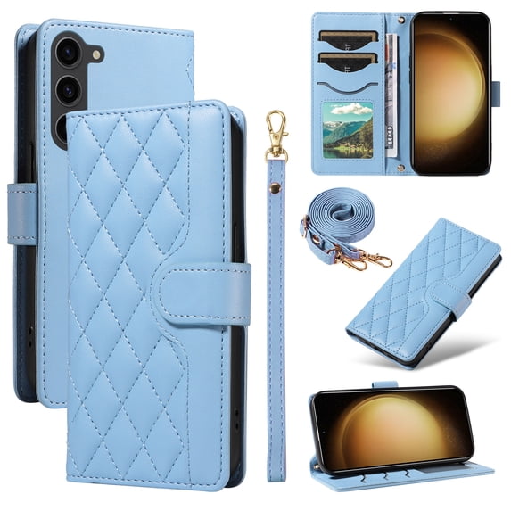 Crossbody Wallet Case for Samsung Galaxy S23, Credit Card Slots Elegant PU Leather Magnetic Closure Shoulder Strap Purse Phone Case Flip Kickstand Full Body Protection Cover for Women Girls, Blue
