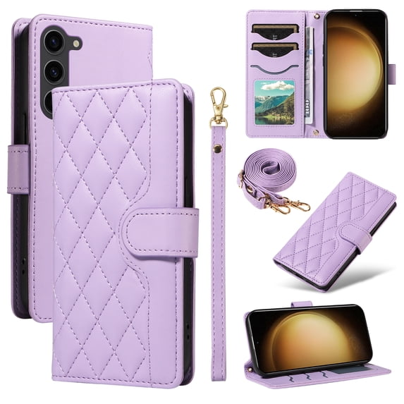 Crossbody Wallet Case for Samsung Galaxy S23, Credit Card Slots Elegant PU Leather Magnetic Closure Shoulder Strap Purse Phone Case Flip Kickstand Full Body Protection Cover for Women Girls, Purple