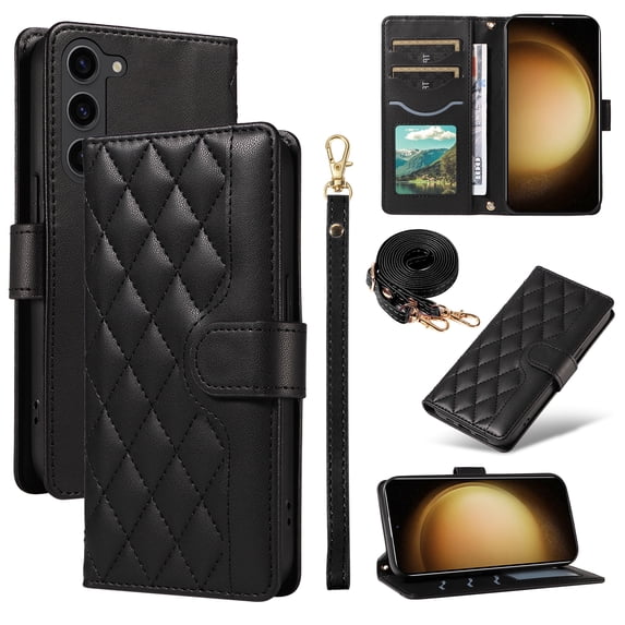 Crossbody Wallet Case for Samsung Galaxy S23, Credit Card Slots Elegant PU Leather Magnetic Closure Shoulder Strap Purse Phone Case Flip Kickstand Full Body Protection Cover for Women Girls, Black