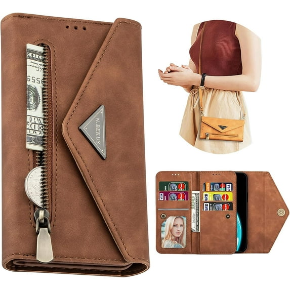 Crossbody Wallet Case for Samsung Galaxy S23 FE 5G for Women, Zipper Purse Handbag Neck Strap Lanyard Cover with 9 Card Holder Case for Samsung Galaxy S23 FE 5G XK Brown
