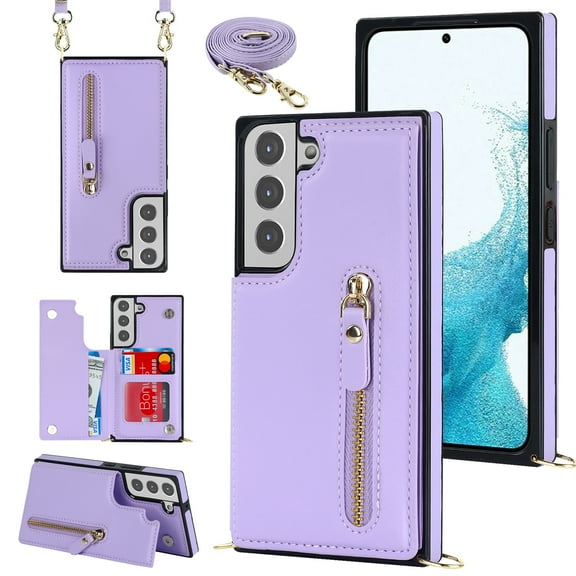 Crossbody Wallet Case for Samsung Galaxy S23 FE with RFID Blocking Card Slot Holder, Magnetic Flip Folio Purse Case, Premium PU Leather Zipper Handbag with Detachable Lanyard Strap, Purple