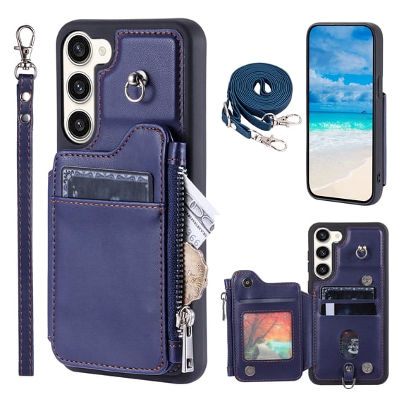 Crossbody Wallet Case for Samsung Galaxy S23 Plus with Card Slot Holder, Magnetic Flip Folio Purse Case, PU Leather Zipper Handbag with Detachable Lanyard Strap & Shoulder Strap, Blue