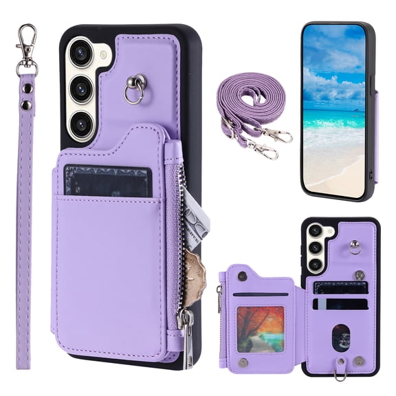 Crossbody Wallet Case for Samsung Galaxy S23 Plus with Card Slot Holder, Magnetic Flip Folio Purse Case, PU Leather Zipper Handbag with Detachable Lanyard Strap & Shoulder Strap, Purple