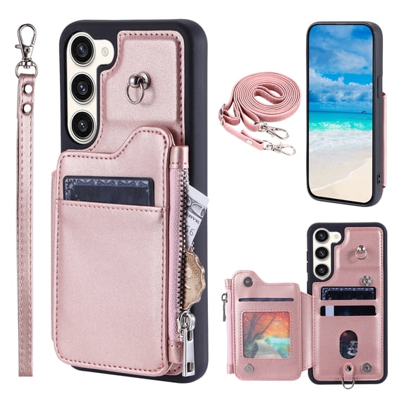 Crossbody Wallet Case for Samsung Galaxy S23 Plus with Card Slot Holder, Magnetic Flip Folio Purse Case, PU Leather Zipper Handbag with Detachable Lanyard Strap & Shoulder Strap, Rosegold