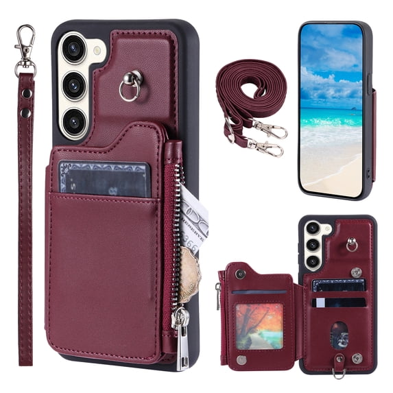 Crossbody Wallet Case for Samsung Galaxy S23 Plus with Card Slot Holder, Magnetic Flip Folio Purse Case, PU Leather Zipper Handbag with Detachable Lanyard Strap & Shoulder Strap, Winered