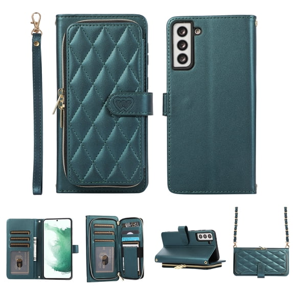 Crossbody Wallet Case for Samsung Galaxy S23 Plus Chain Lanyard & Wrist Hand Strap Case with Card Slots Zipper Pocket Kickstand, Premium PU Leather Magnetic Clasp Shockproof Flip Cover, Darkgreen