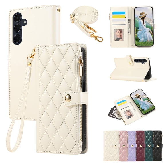 Crossbody Wallet Case for Samsung Galaxy S23 Plus with Zipper Card Holder & Shoulder Strap & Wrist Strap, RFID Blocking PU Leather Magnetic Flip Kickstand Handbag Purse Case for Women Girls,Beige