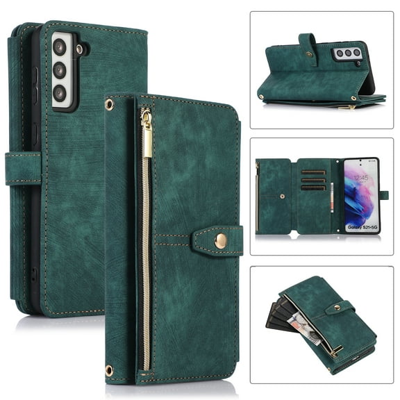 Crossbody Wallet Case for Samsung Galaxy S23, Shoulder Strap Lanyard Luxury PU Leather Zipper Pocket Flip Folio Cover with Card Slots Holder Magnetic Clasp Kickstand Phone Case,Darkgreen