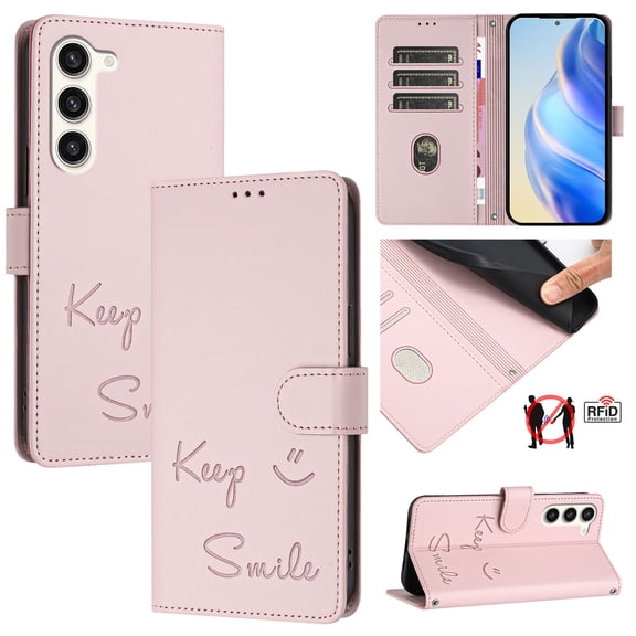 Crossbody Wallet Case for Samsung Galaxy S23, Smile Pattern PU Leather Phone Case with Kickstand RFID Blocking Card Slots, Magnetic Closure Folio Cover with Wrist Strap Lanyard, Pink