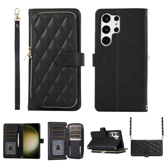 Crossbody Wallet Case for Samsung Galaxy S23 Ultra Chain Lanyard & Wrist Hand Strap Case with Card Slots Zipper Pocket Kickstand, Premium PU Leather Magnetic Clasp Shockproof Flip Cover, Black