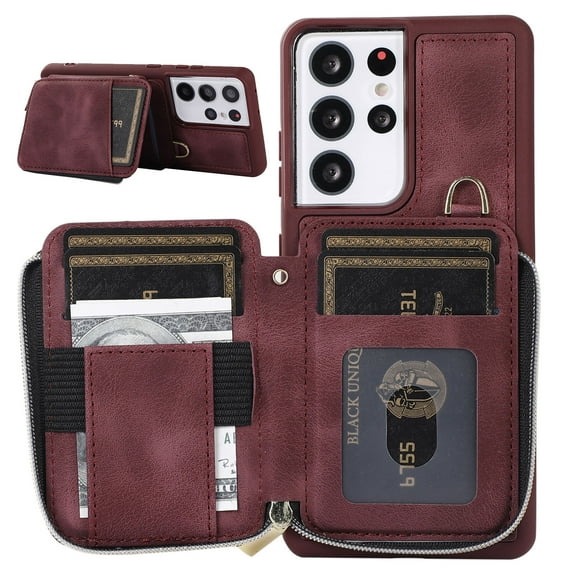 Crossbody Wallet Case for Samsung Galaxy S23 Ultra, Zipper Pocket Case with Card Holder, PU Leather Protective Cover Case with Kickstand Detachable Wrist Strap Lanyard for 6.8" - Winered