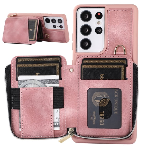 Crossbody Wallet Case for Samsung Galaxy S23 Ultra, Zipper Pocket Case with Card Holder, PU Leather Protective Cover Case with Kickstand Detachable Wrist Strap Lanyard for 6.8" - Pink
