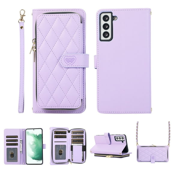 Crossbody Wallet Case for Samsung Galaxy S24 with Card Slots Zipper Pocket, Premium PU Leather Chain Lanyard & Wrist Hand Strap Case, Magnetic Clasp Shockproof Flip Kickstand Cover, Purple