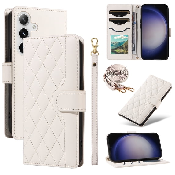 Crossbody Wallet Case for Samsung Galaxy S24, Credit Card Slots Elegant PU Leather Magnetic Closure Shoulder Strap Purse Phone Case Flip Kickstand Full Body Protection Cover for Women Girls, White
