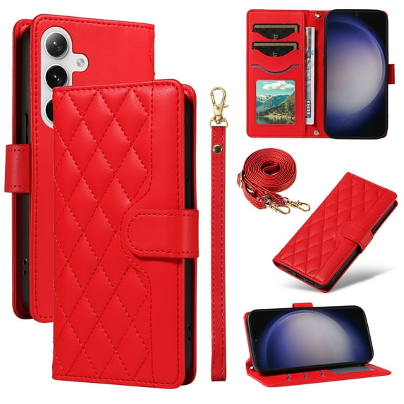 Crossbody Wallet Case for Samsung Galaxy S24, Credit Card Slots Elegant PU Leather Magnetic Closure Shoulder Strap Purse Phone Case Flip Kickstand Full Body Protection Cover for Women Girls, Red