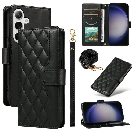 Crossbody Wallet Case for Samsung Galaxy S24, Credit Card Slots Elegant PU Leather Magnetic Closure Shoulder Strap Purse Phone Case Flip Kickstand Full Body Protection Cover for Women Girls, Black