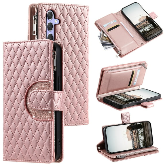 Crossbody Wallet Case for Samsung Galaxy S24 Plus Glitter PU Leather Phone Case with Card Slots Kickstand Wrist Strap Cover Magnetic Closure Flip Handbag Zipper Purse Case for Women Girls, Rosegold