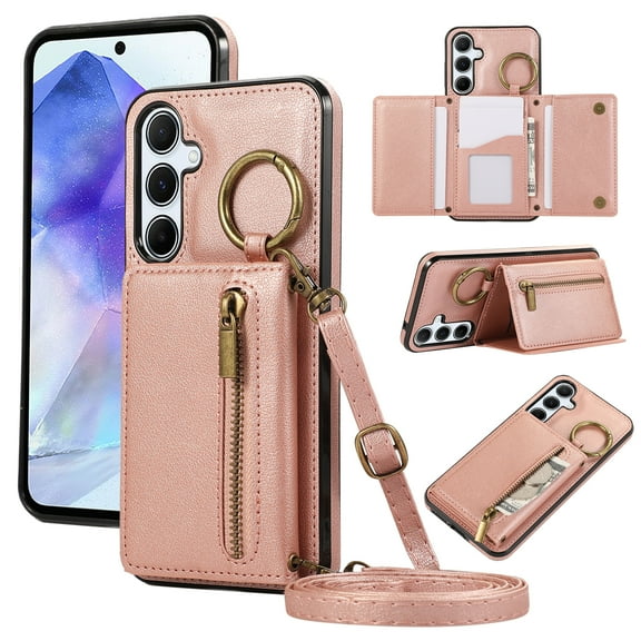 Crossbody Wallet Case for Samsung Galaxy S24 Plus with Lanyard Strap Card Slot Holder RFID Blocking 360° Ring Kickstand,Magnetic Flip Folio Zipper Purse Case, PU Leather Cover Handbag,Rosegold